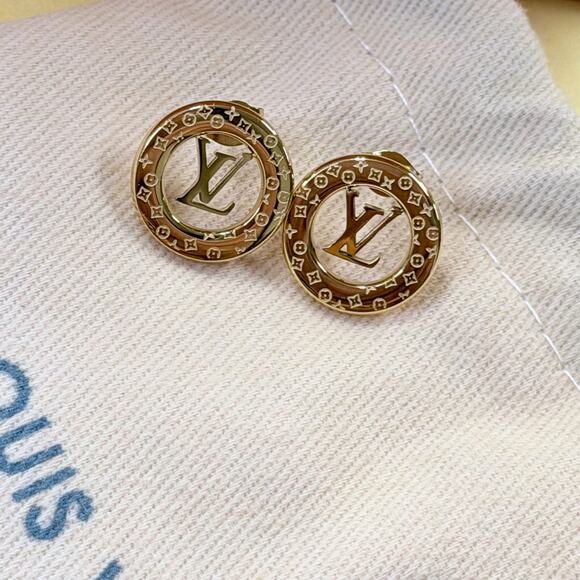 Genuine 18K Gold Plated 1/2 Inch LV Earrings Louis Designer Stamped - Picture 5 of 5